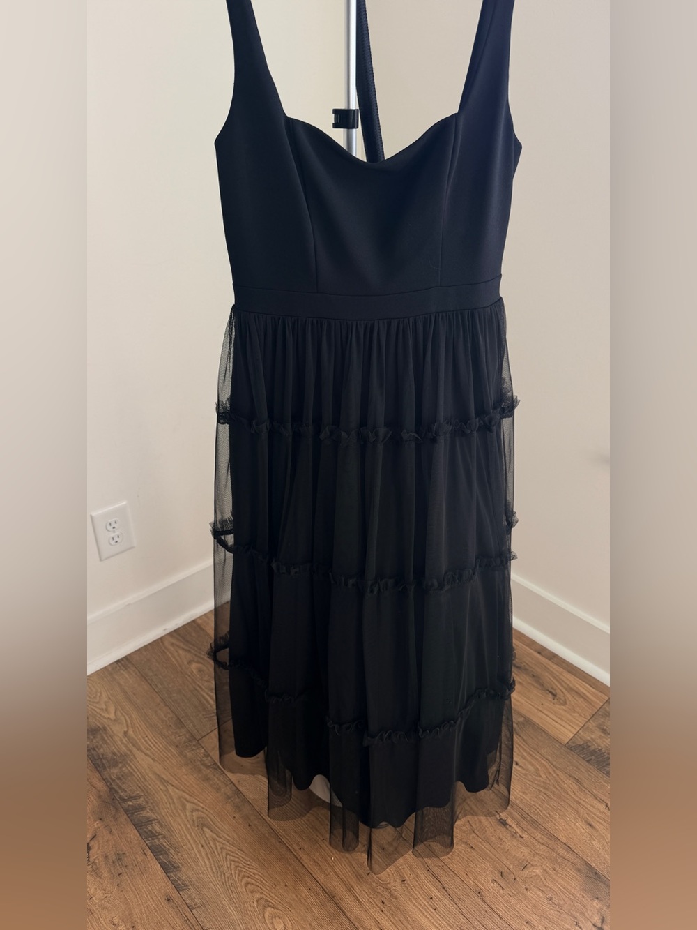 Adrianna Papell Black Mesh Overlay Tiered Midi Cocktail Dress.